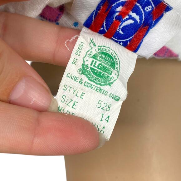 Vtg White Blue Pink Teddy Bear Collared Babydoll Puff Sleeve Tunic Top SZ 14 - Picture 9 of 10